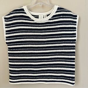 Joie Blue White Nautical Preppy Crew Neck Striped Short Sleeve Sweater-M